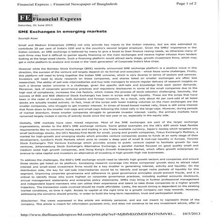 Sourajit Aiyer - Financial Express Bangladesh - SME Exchanges in Emerging Mar...