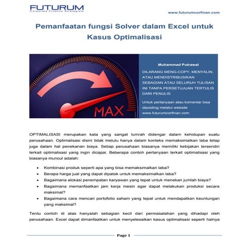 Pemanfaatan fungsi solver dalam excel untuk kasus optimalisasi