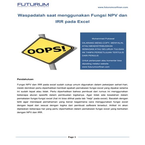 Waspadalah saat menggunakan fungsi npv dan irr pada excel