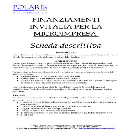 Finanziamenti Imprenditoria giovanile Invitalia Microimpresa - Scheda sintetica