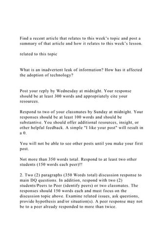 Find a recent article that relates to this week’s topic and post .docx