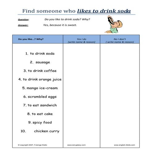 work sheet Find someone who likes eating