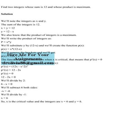 Find two integers whose sum is 12 and whose product is maximum.S.pdf