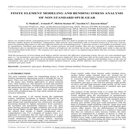 Finite element modeling and bending stress analysis of non standard spur gear