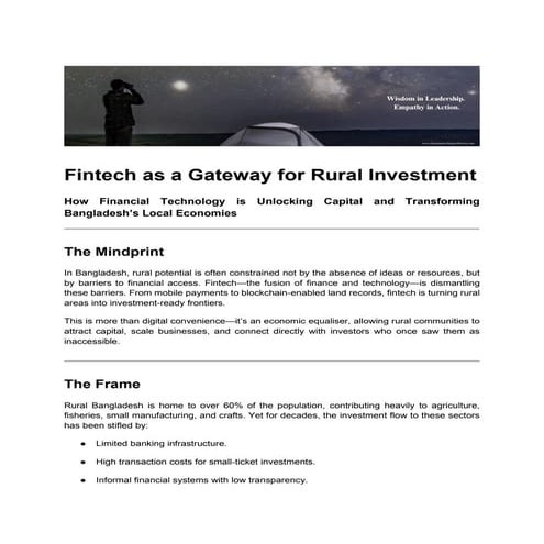 Fintech as a Gateway for Rural Investment in Bangladesh