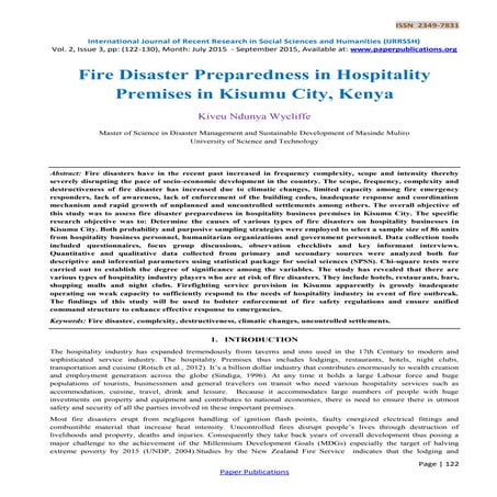 Fire Disaster Preparedness in Hospitality Premises in Kisumu City, Kenya