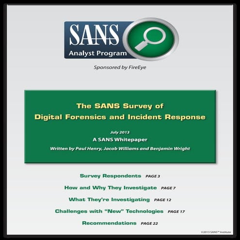 SANS 2013 Report: Digital Forensics and Incident Response Survey  