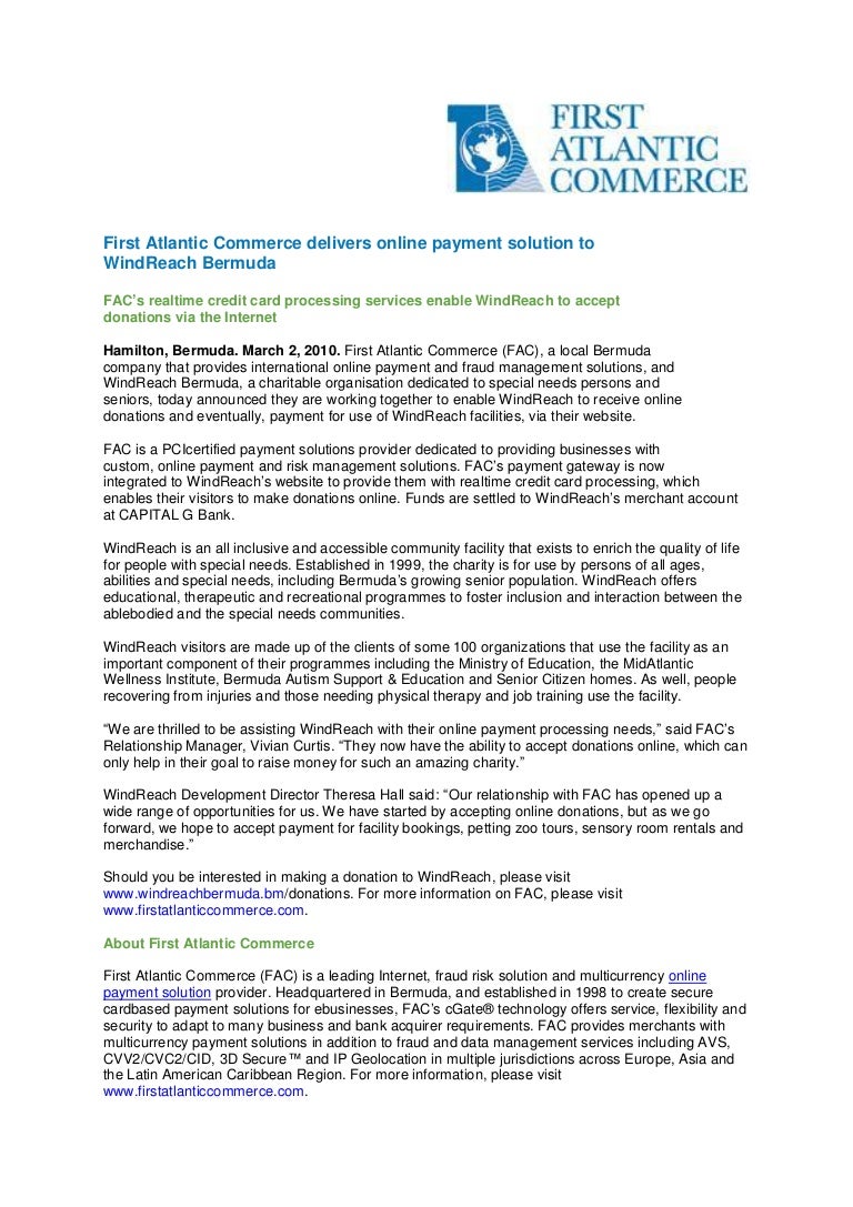 First Atlantic Commerce Delivers Online Payment Solution To Windreach