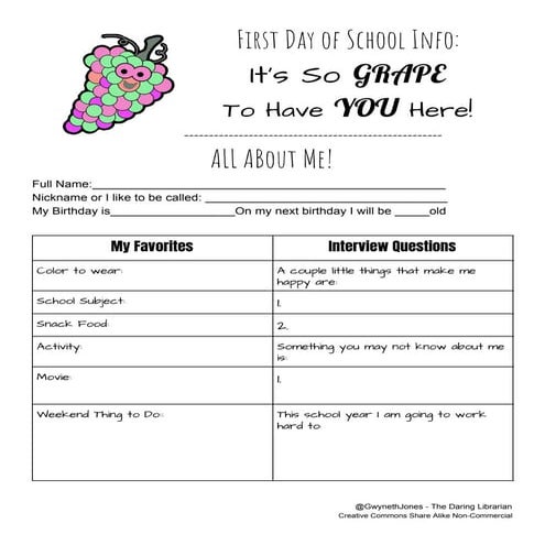 First day of school info worksheet  - It's so Grape to Have You Here!