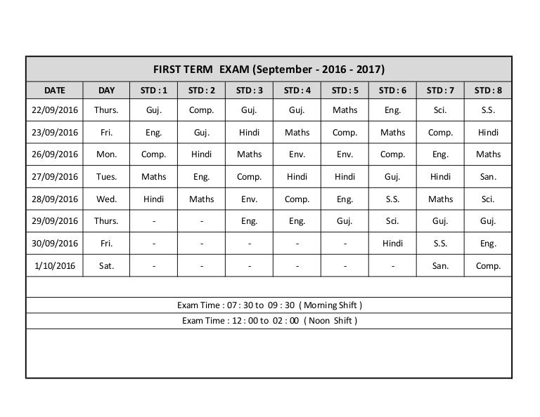 First Exam Timetable Std 1 To 8
