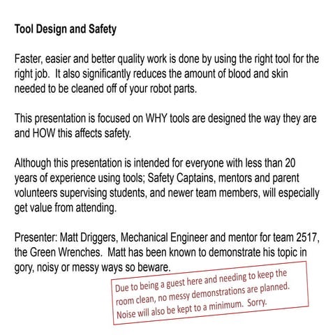 FIRSTFare 2012 tool design and safety