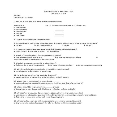 K-12 First Quarter test in science 4
