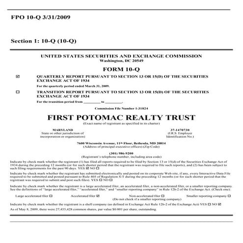 Q1 2009 Earning Report of First Potomac Realty Trust