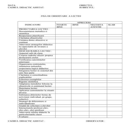 Fisa de observare a lectiei