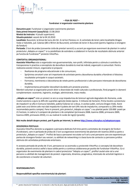 Fisa de post fundraiser si organizator plantari viitor_plus