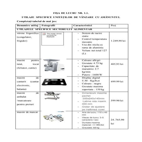 Fise de lucru rezolvate - Utilaje specifice unitatilor de vânzare