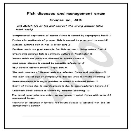 Fish Diseases And Management Exam