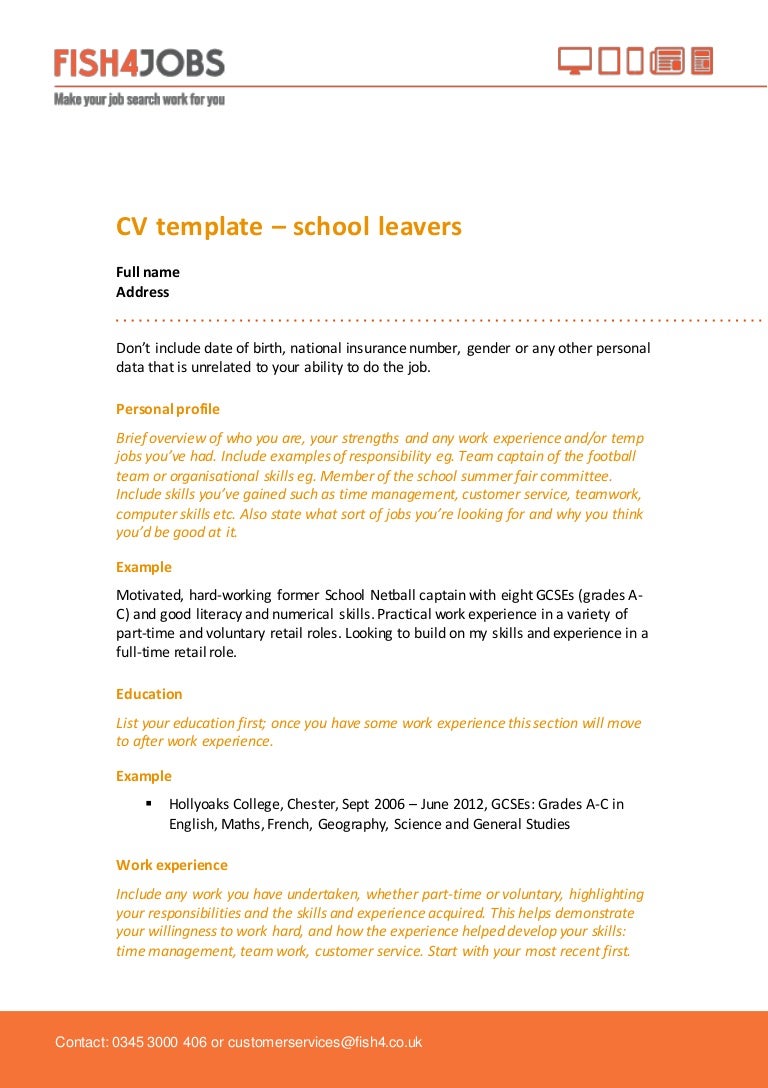 fish4jobs cv template for school leavers cv template school leaver uk