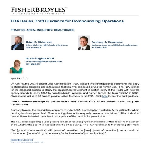 FisherBroyles Client Alert - FDA Issues Draft Guidance for Compounding Operat...