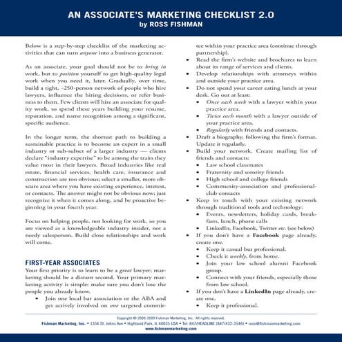 Ross Fishman Associate Marketing Checklist by Year of Practice 2.0