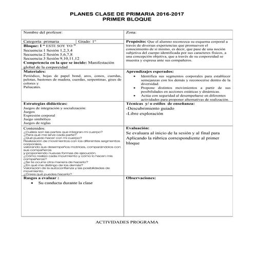 PLANES DE SESIÓN EDUCACIÓN FÍSICA PRIMARA( 6 grados)  BLOQUE I 
