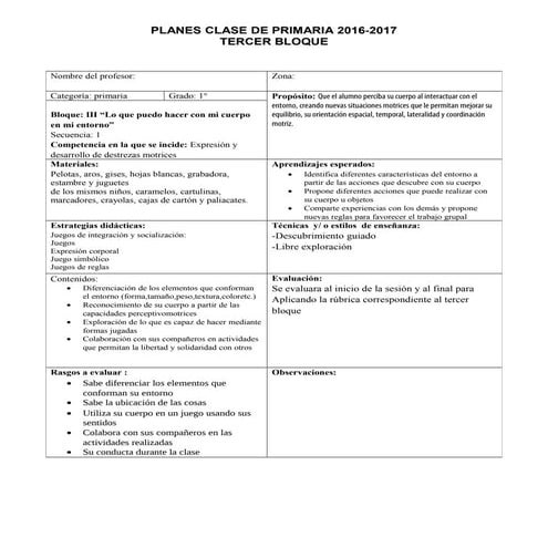 PLANES DE SESIÓN EDUCACIÓN FÍSICA PRIMARA( 6 grados)  BLOQUE III 