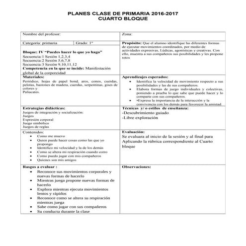 PLANES DE SESIÓN EDUCACIÓN FÍSICA PRIMARA( 6 grados)  BLOQUE IV