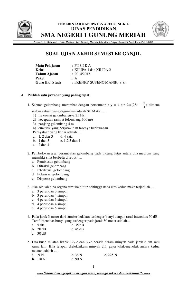 Soal Fisika kelas xii ipa Semester 5