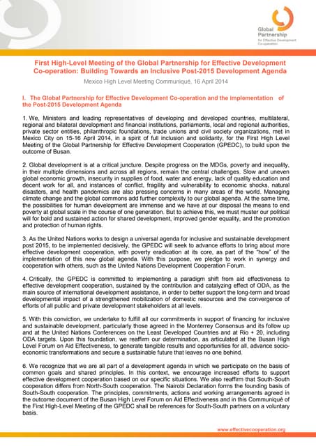 Fist high level meeting of the global partnership for effectove development cooperation building towards an inclusive post 2015 development agenda