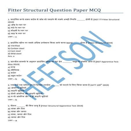 Fitter Structural Question Paper MCQ AITT