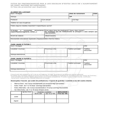Fitxa d'inscripció escola d'estiu 2015.
