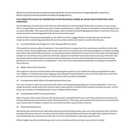 FIVE CREATIVE WAYS TO MARKETING WITH BUSINESS CARDS BY RUSH HOUR PRINTING AND GRAPHICS 