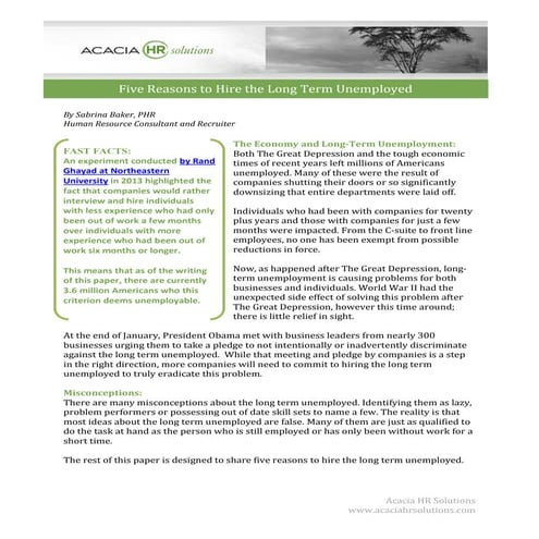 Five Reasons to Hire the Long Term Unemployed