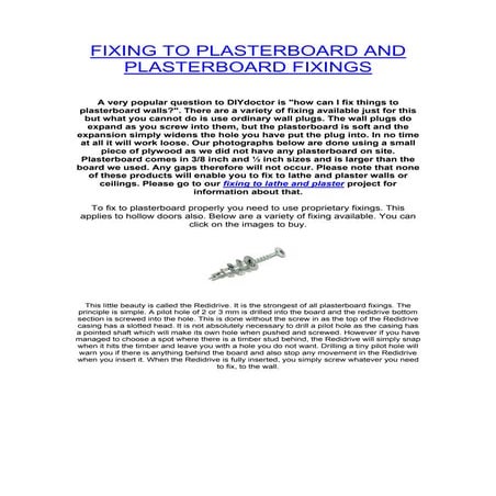 Fixing to plasterboard and plasterboard fixings