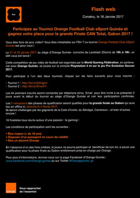 Participez au Tournoi Orange Football Club eSport Guinée et gagnez votre place pour la grande Finale CAN Total, Gabon 2017 !