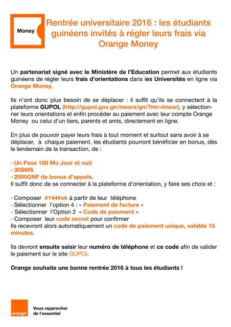 Rentrée universitaire 2016 : les étudiants guinéens invités à régler leurs frais via Orange Money