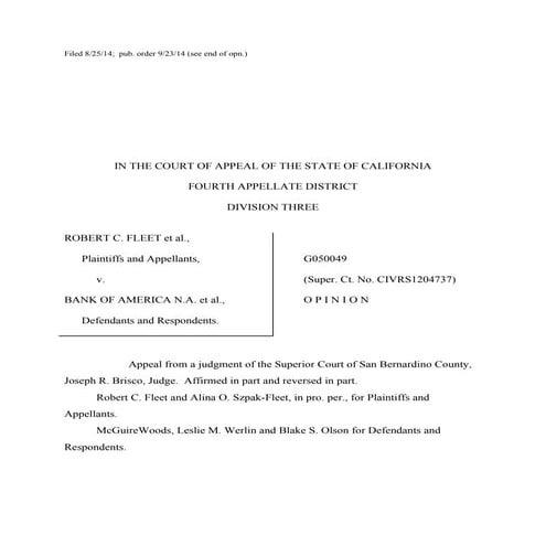 Fleet v. Bank of America case from California Court of Appeal