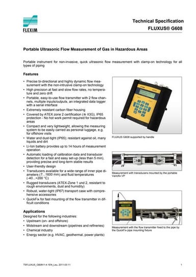 Flexim FLUXUS G608 Portable Ultrasonic Flow Measurement of Gas in Hazardous A...