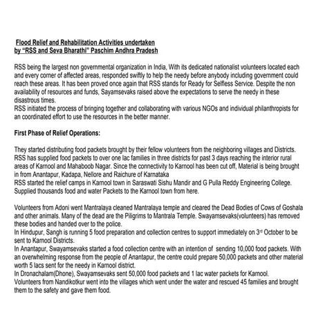 Flood Relief And Rehabilitation Activities Undertaken