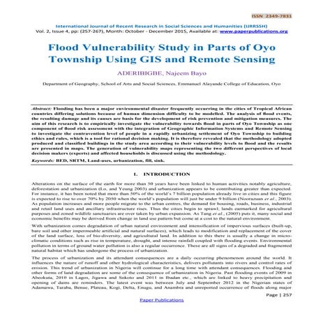 Flood Vulnerability Study in Parts of Oyo Township Using GIS and Remote Sensing