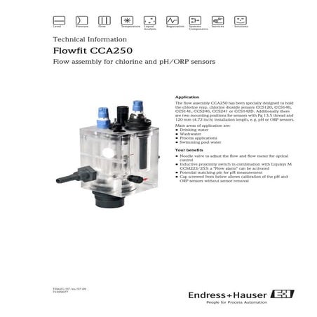 Flowfit cca250 endress+hauser datasheet-flow assembly for chlorine and p h:or...