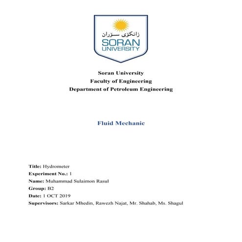 Fluid Mechanic Lab - Hydrometer or Aerometer