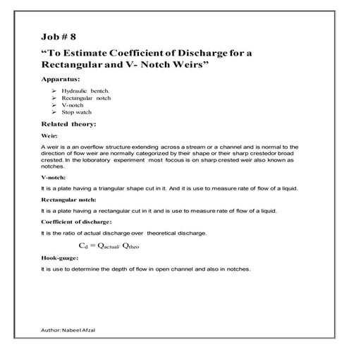 Estimate coefficient of discharge for rectangular and V notches weirs