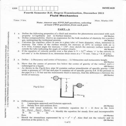 Fluid mechanics Question papers 