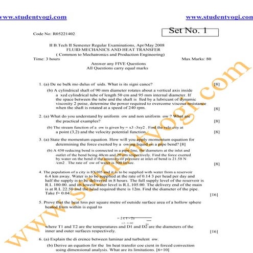 F L U I D  M E C H A N I C S  A N D  H E A T  T R A N S F E R  J N T U  M O D...