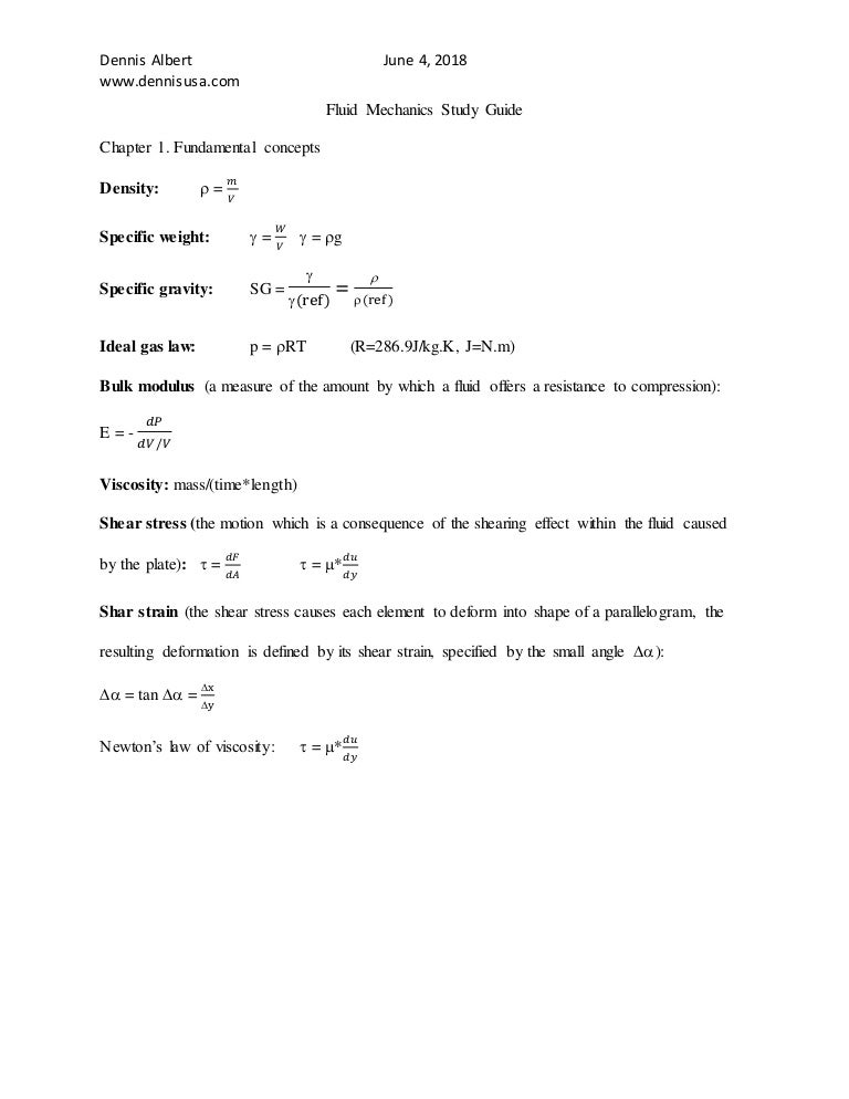 Fluid mechanics study guide (Cheat sheet)