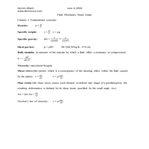 Fluid mechanics study guide (Cheat sheet)