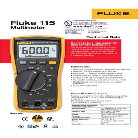 Datasheet Fluke 115. Hubungi PT. Siwali Swantika 021-45850618