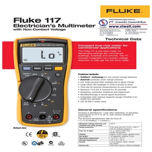 Datasheet Fluke 117. Hubungi PT. Siwali Swantika 021-45850618