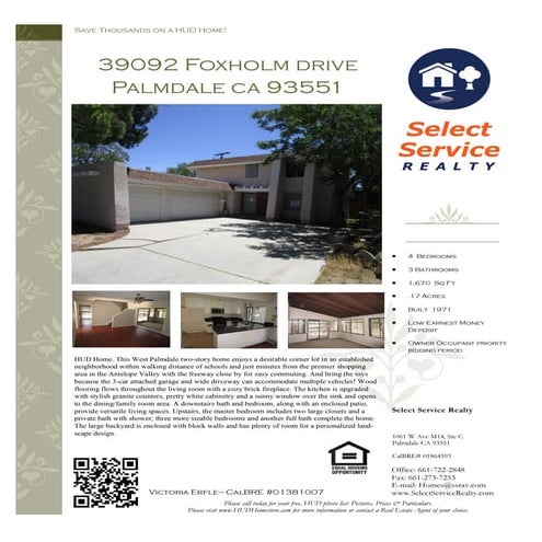 HUD Home Flyer Example - 39092 Foxholm Drive Palmdale CA 93551